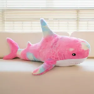 Cartoon colorful shark pillow plush toy doll blue shark doll girl soothing pillow rag doll