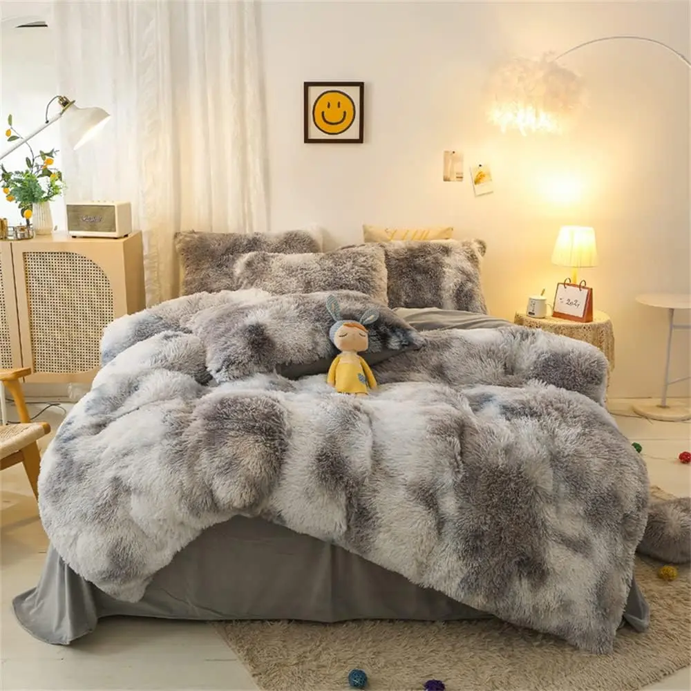 Faux  Plush Comforter Set Full Size - Grey White  Fuzzy Shaggy Bedding Set - 3 count Microfiber Soft Warm Quilt Set