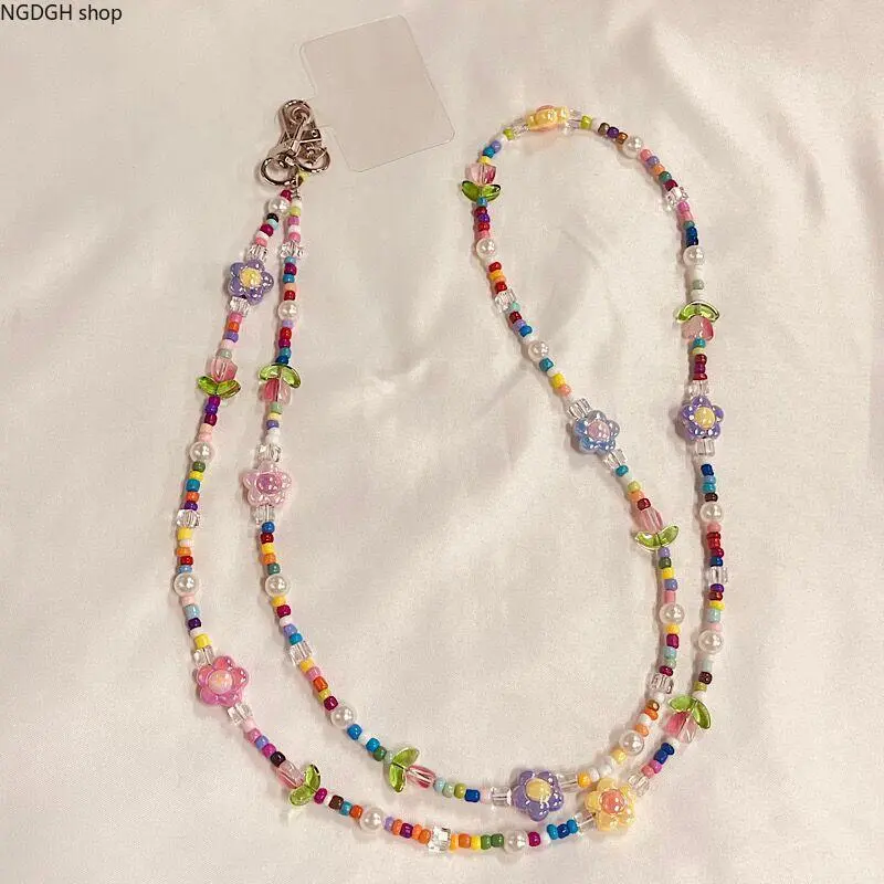 Floral Beaded Smartphone Strap - Adjustable Cellphone Lanyard with Flower Pearl Charm, Cute Crystal Crossbody Neck Shoulder Accessory for Mobile Daily Carry, Sports & Outdoor Essentials Accessories