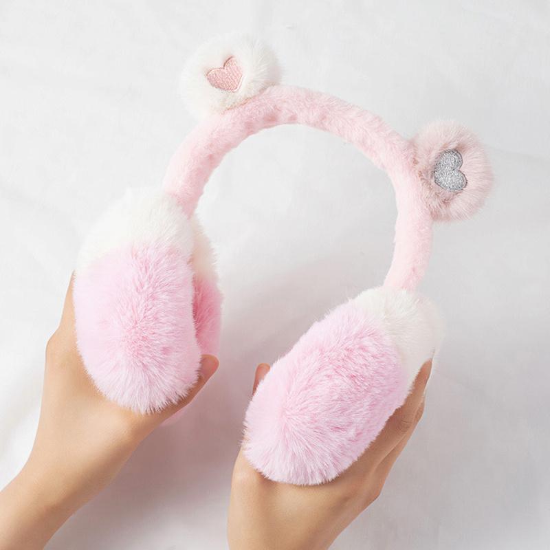 Cozy Y2K-Inspired Pink Plush Ear Muffs with Cute Bear Ears - Soft Polyester Knit, Warm Winter Ear Covers for Fashionable Cold Protection