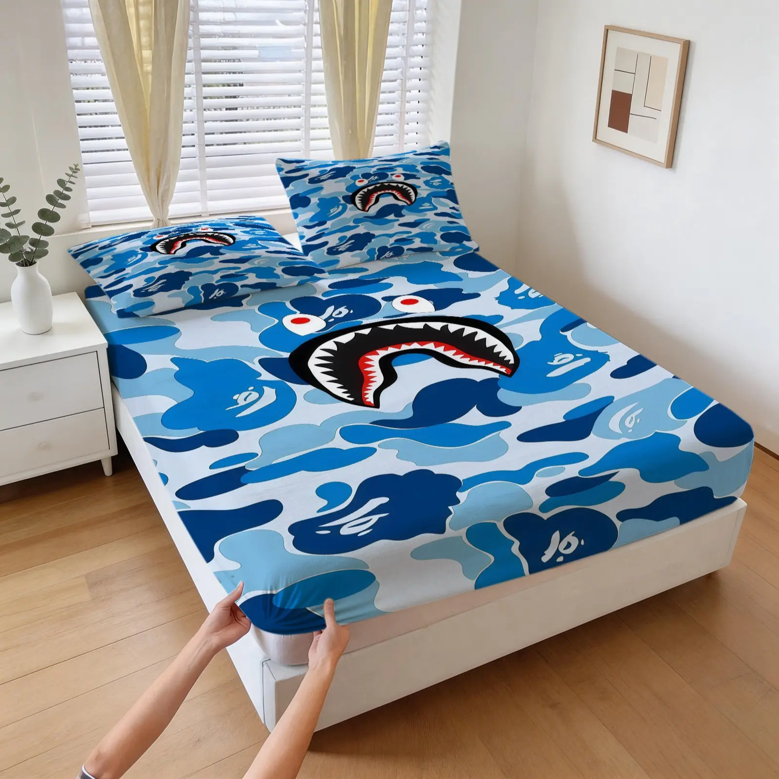 3-Piece Camouflage Shark Head Pattern Bed Sheet, Including 1 Bed Sheet And 2 Pillowcases, Soft And Comfortable Bedding, Anti Slip And Dust Cover, Suitable For Bedrooms And Guest Rooms, Bedding Sheet Set