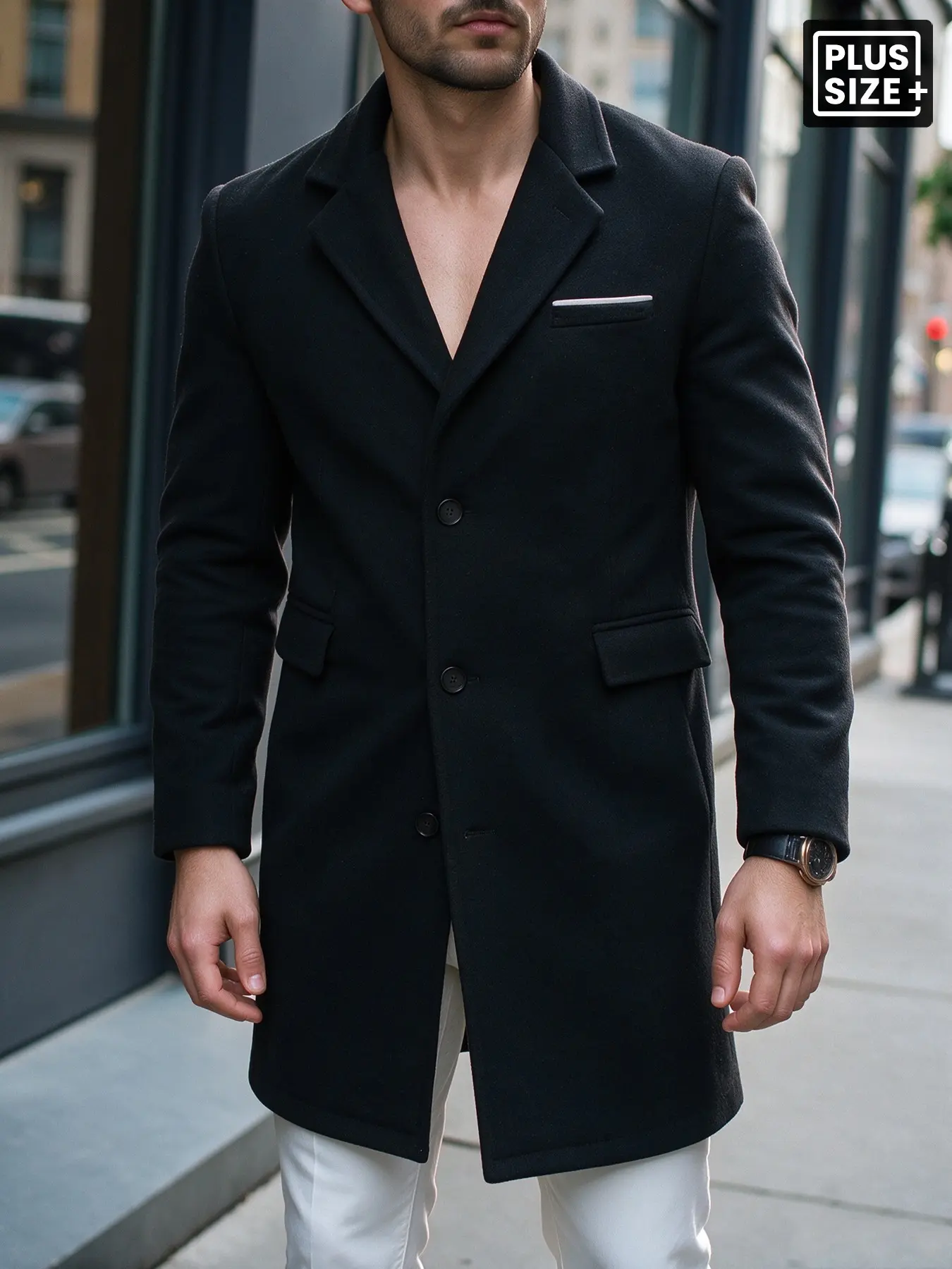 Men's Plus Size Slim Fit Black Wool Blend Notch Lapel Long Overcoat, Single Breasted Mid-Length Outerwear, Classic Dark Academia Rare Aesthetic Fall Winter Formal Business Coat for Gentlemen, Office Commute, Dating, City Strolls & Evening Parties
