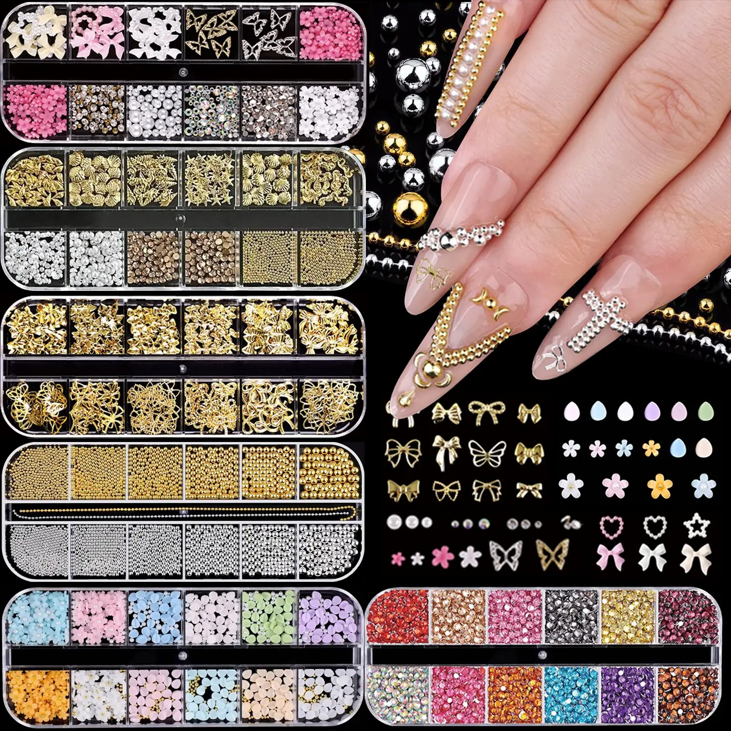 6 Boxes Nail Art Charms Set, 3D Nail Decorations with Bows, Mini Steel Beads, Flowers, Hearts, Conch, Starfish & Colorful Rhinestones, Y2K Sweet Ocean Aesthetic Nail Accessories, Must-Have DIY Manicure Ornaments