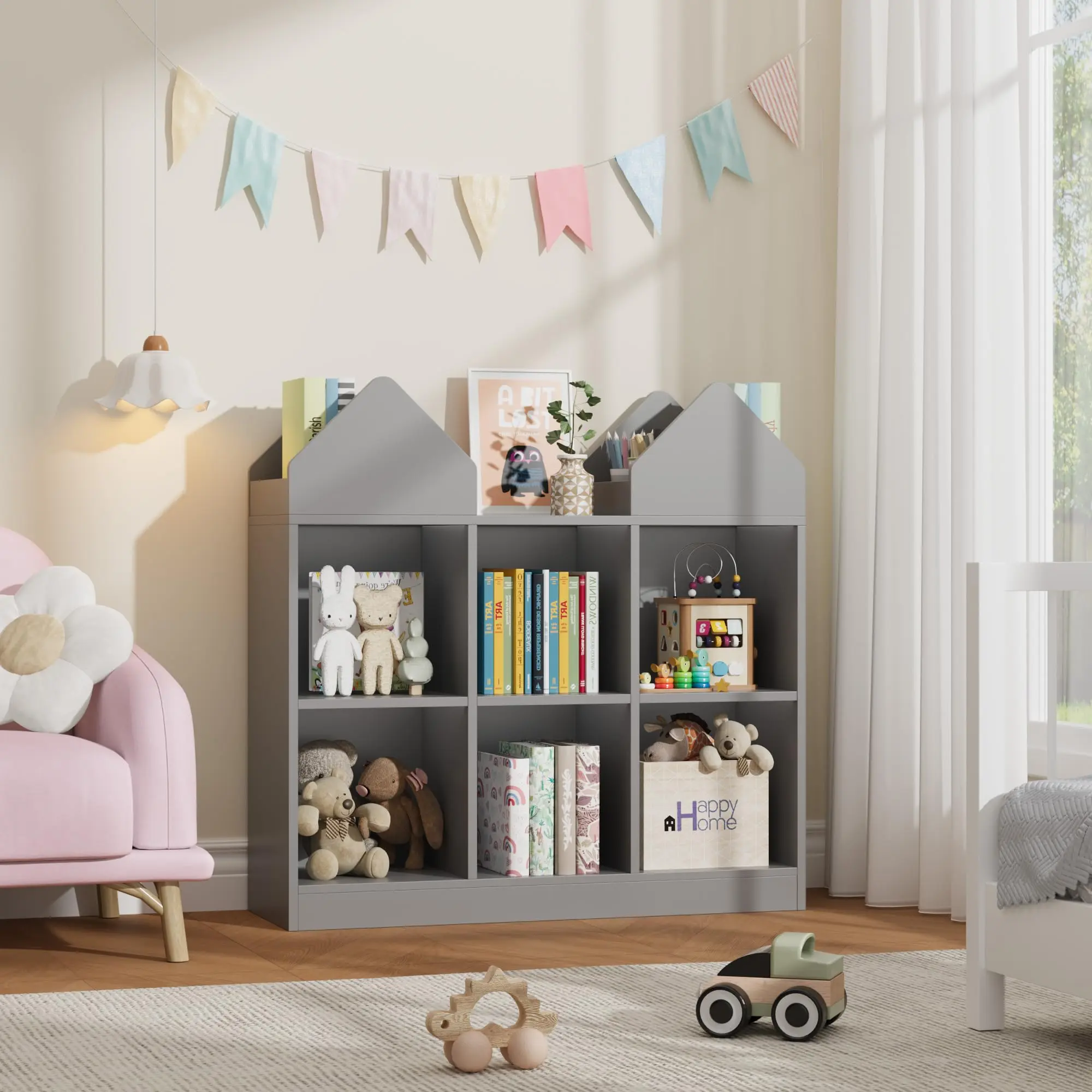 Castle Themed White Kids Storage Organizer, Freestanding Bookshelf Toy Cabinet with 4 Book Display Racks and 6 Open Cubbies, Perfect for Playroom, Nursery & Daycare