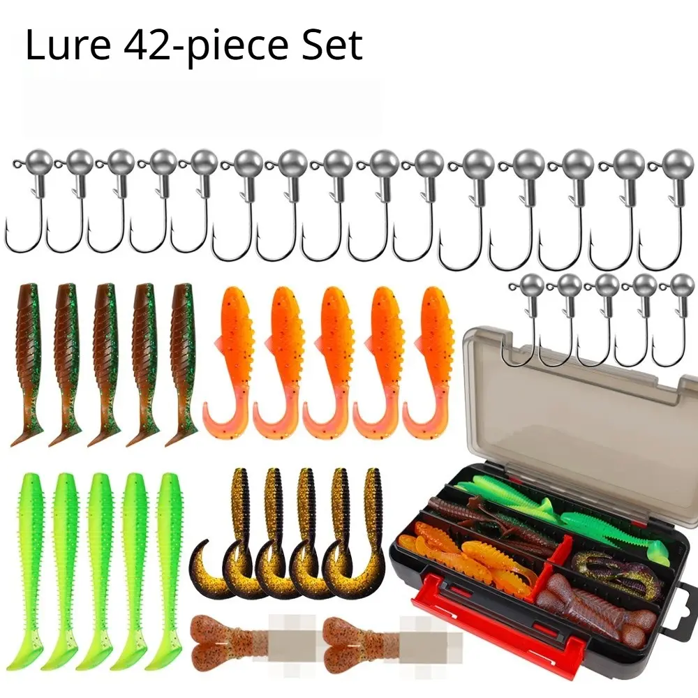 42Pcs Soft Lure Jig Head Fishing Tackle Kit, Curly T-Tail Worm Bait for Bass Perch Freshwater Pond River Angling soft worm jig head kit, t-tail curly tail lure, weedless lead jig hooks, freshwater bass perch tackle, scented micro fishing bait