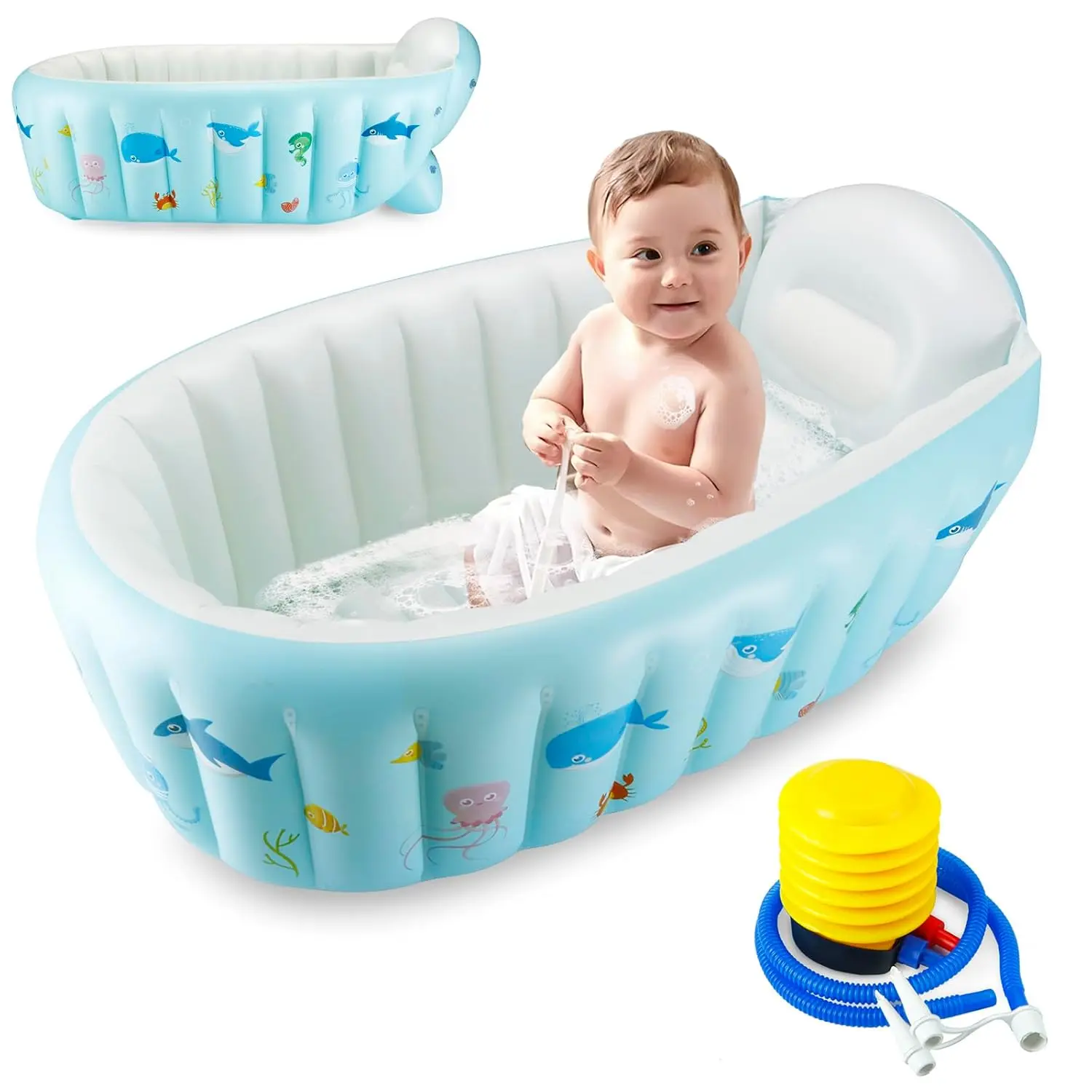 PandaEar Foldable Baby Bath Tub - Inflatable, Portable Travel Newborn-Fit Mini-Size Bathtub with Air Pump, Non-Slip Shower Basin for Infants & Toddlers