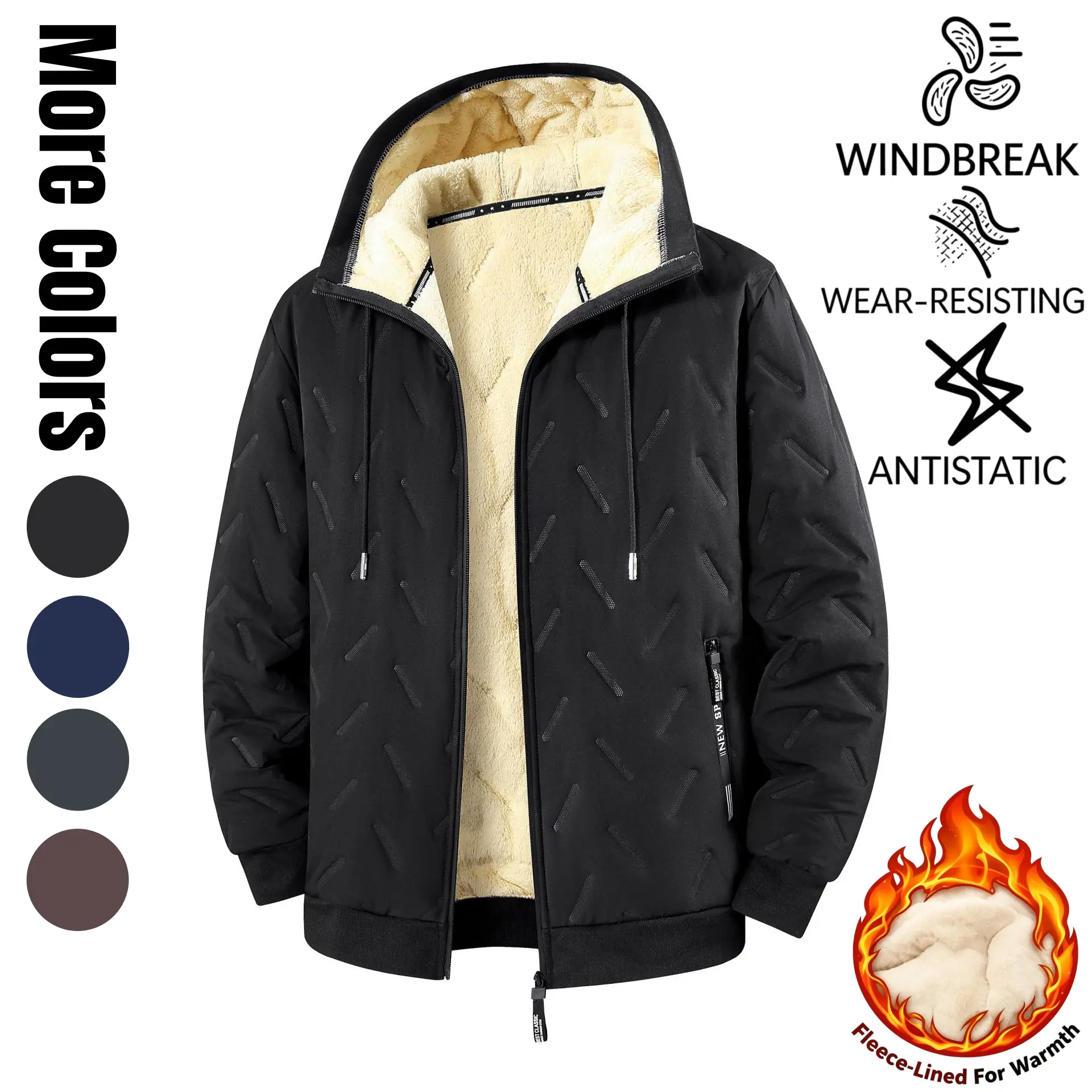 Men's winter jacket lined hooded jacket windproof and waterproof heavyweight outdoor warm jacket with safety zipper pocket high-performance filled bomb jacket lightweight geometric texture technology clothing black Sherpa Fleece