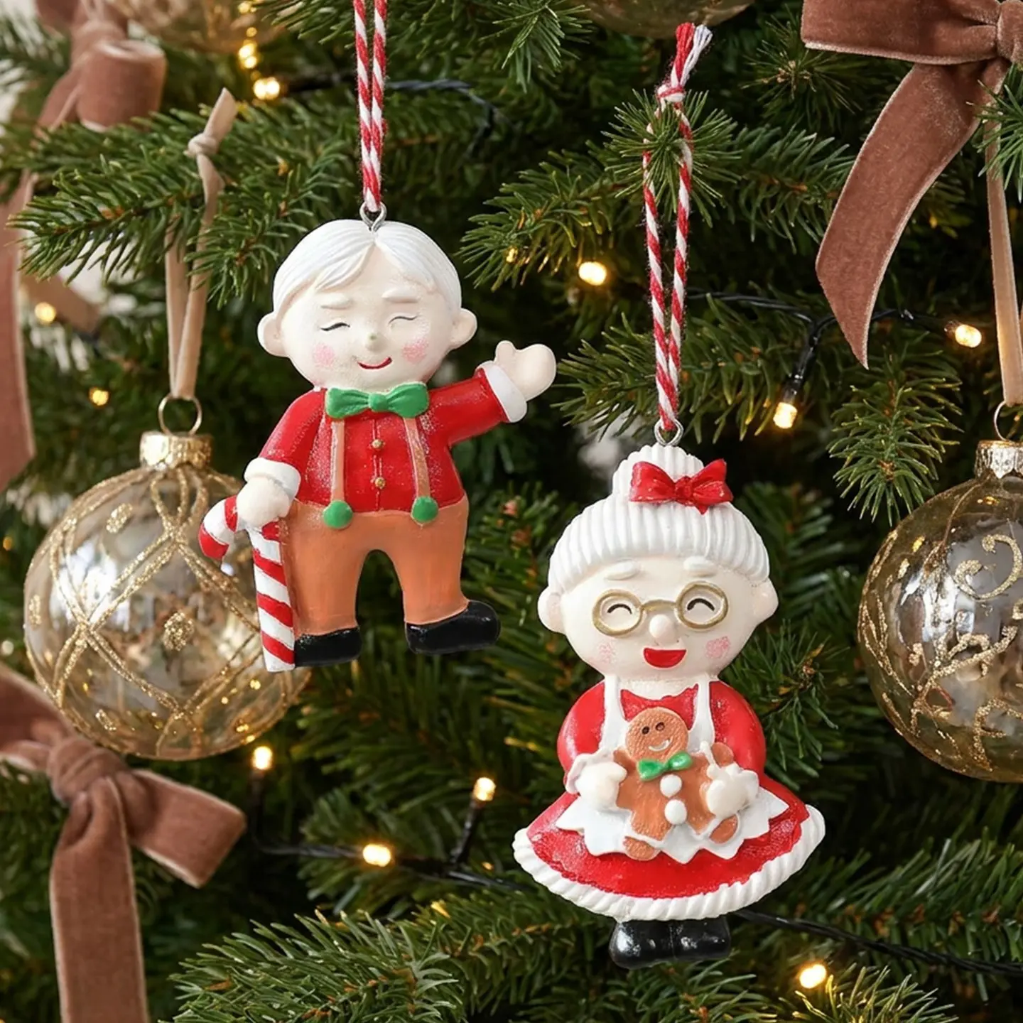 2-Pack Christmas Cartoon Resin Ornaments, Santa Claus and Mrs. Claus Pair, Home Window Decor, Christmas Tree Hanging Decorations