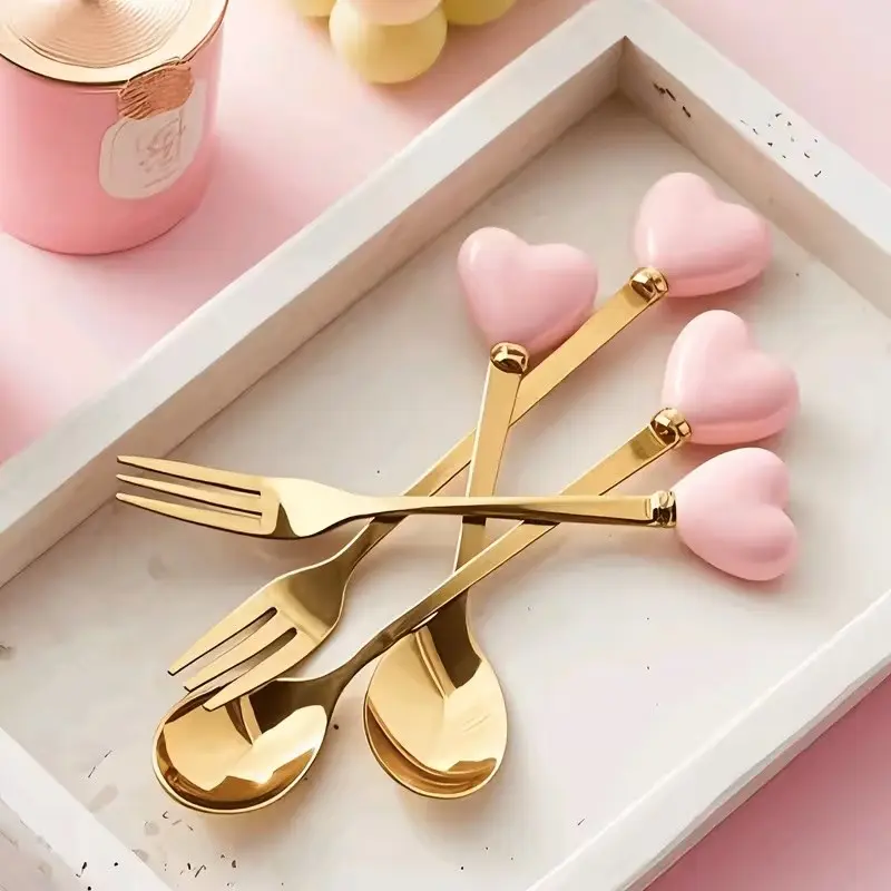 Luxury Stainless Steel Fork Spoon Set (4 Pieces), Fashionable Tableware for Afternoon Tea, Wedding, Coffee Shop, Perfect Gift for Women, Fork And Spoon Set