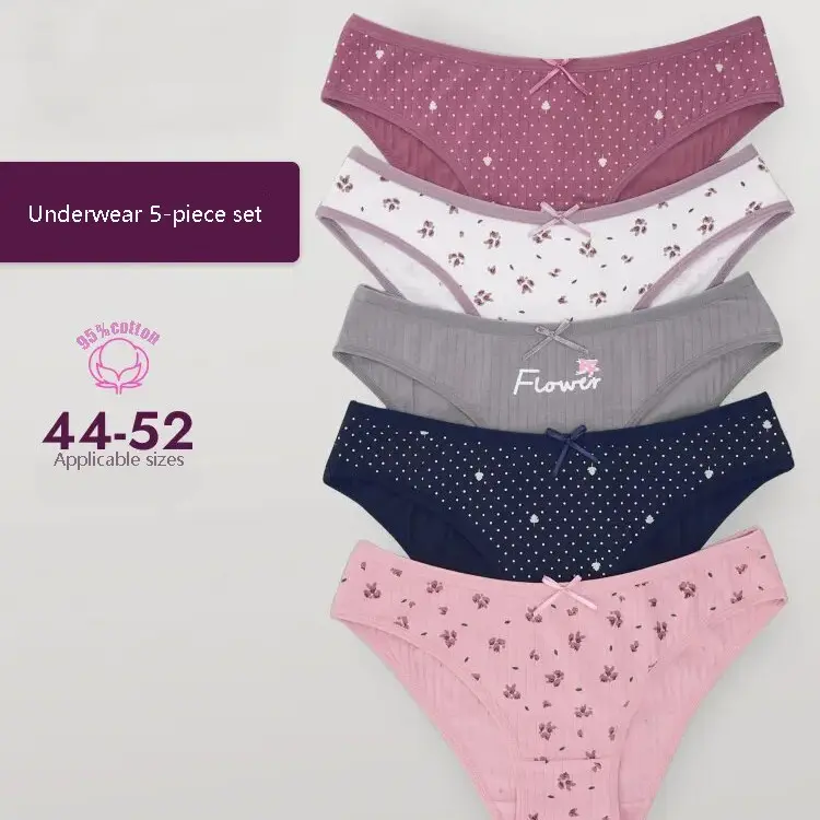 Teen Girls' 5-Pack Cotton Brief Panties, Cute Low-Rise Japanese Style with Bow Accent, Soft Skin-Friendly, Plus Size Daily Sports & Outdoor Accessory