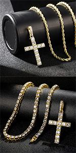 14k Gold Silver Plated Hip Ho Rapper Pendant Chain Necklace for Men-Iced Out Diamond King Pendant with 22 Inch Rope Tennis Chains