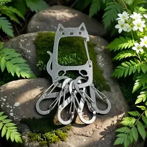 Cute Cat Laser-Cut Stainless Steel Keychain Accessories - Corrosion-Resistant, Sturdy, Compact Carabiner Clip Keychain with Heavy-Duty Spring Hook, Lightweight Key Holder for Daily Carry, Mini Gift for Cat Lovers, Carabiner Clip Keychains