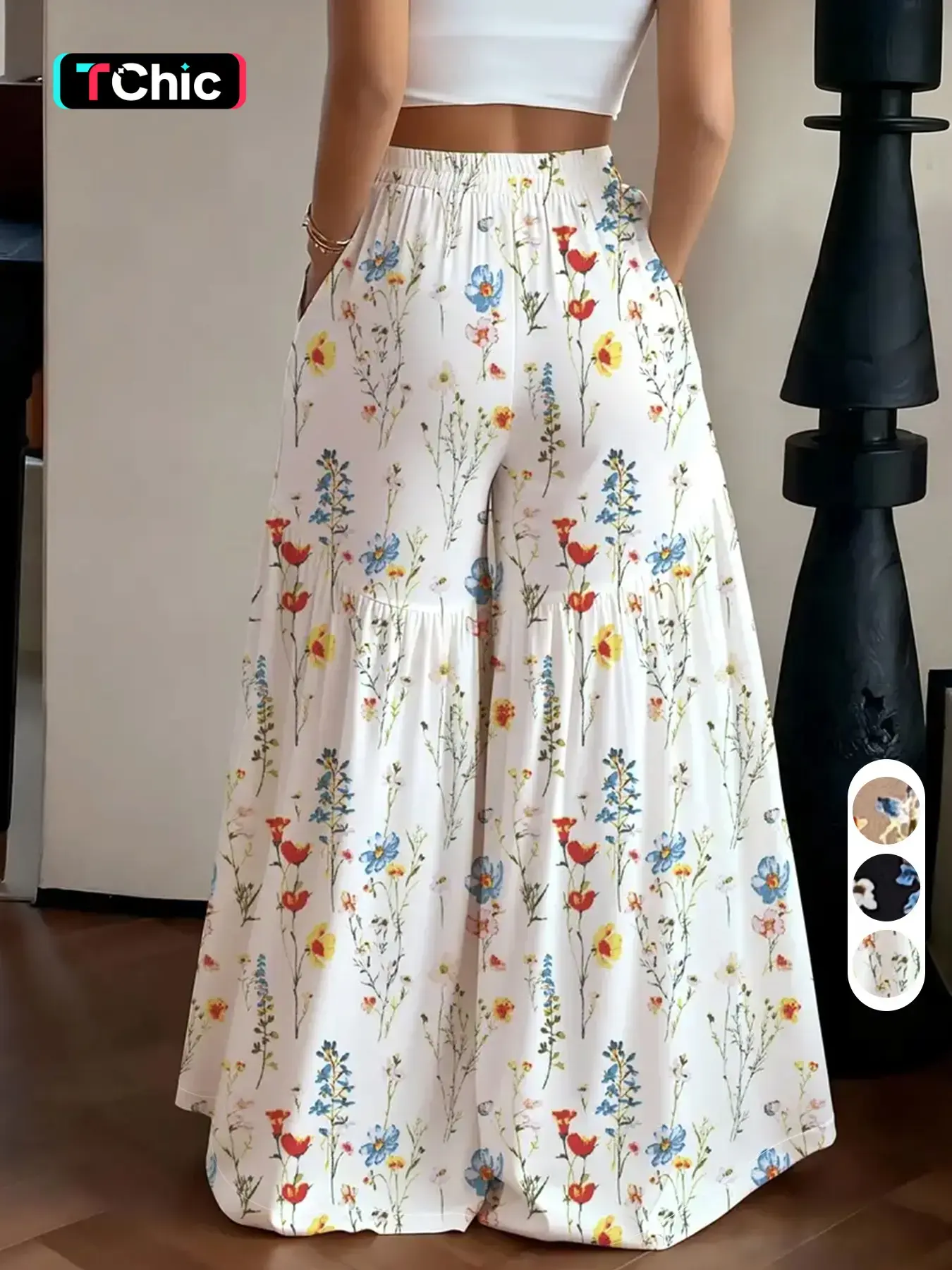 Simple Versatile Casual High Waist Bohemian Floral Pants, Daily Wear Long Pants, Relaxed Office Style, Summer New Vacation Leisure Pants, Light Mature Everyday Casual Pants Ff2630