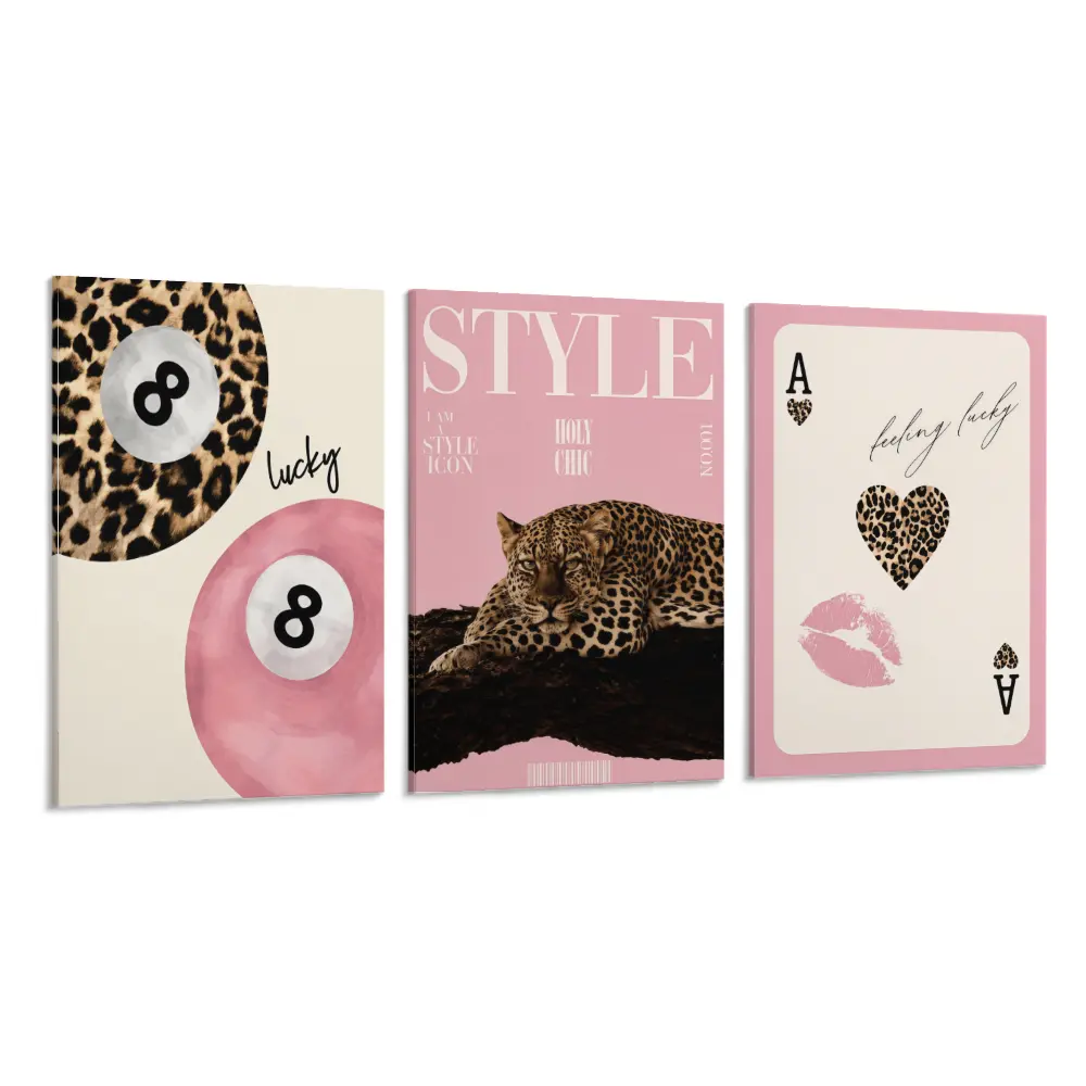 Girls' 3-Piece Frameless Canvas Prints Boxed Set - 12x18 in, Cheetah Motif, Pink Lucky 8 Ball Artwork, Waterproof 2D Flat Wall Art, Modern Living Room Home Decor, Retro Mermaid Metal Tin Sign Gift Idea lover fan christian art set aesthetic decor gift