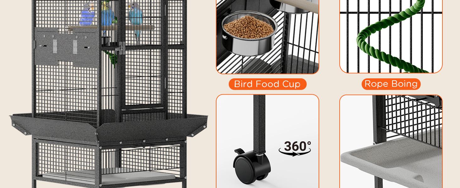 60 Inch Wrought Iron Large Bird Cage with Rolling Stand, Metal Parrot Cage with Play Top & 4 Stainless Steel Bowls for African Grey Cockatiel Sun Parakeet Green Cheek Conure Lovebird Budgie, Black