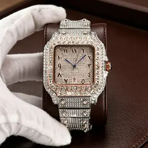 Silver & Rose Gold Two-Tone Iced Out Men Square Watch, Full Sparkling Crystal Arabic Numeral Dial, Waterproof Quartz Luxury Dress Watch, Ideal Birthday Anniversary Gift For Boyfriend Husband Dad