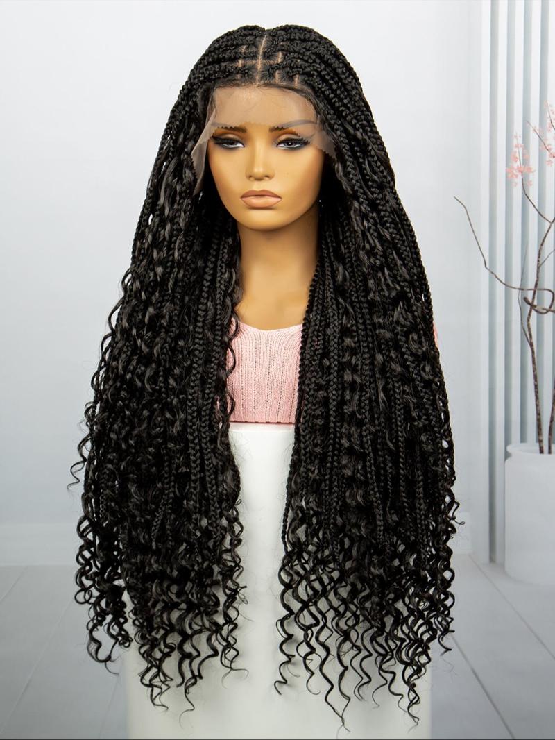 33 Inch Black Full Lace Front Box Braided Wig with Curly Hair Distressed Knotless Braided Wigs for Women, Synthetic Braided Lace Wigs for Party, Daily Use, Wigs That Look Like Real Hair, Kinky Curly Wigs