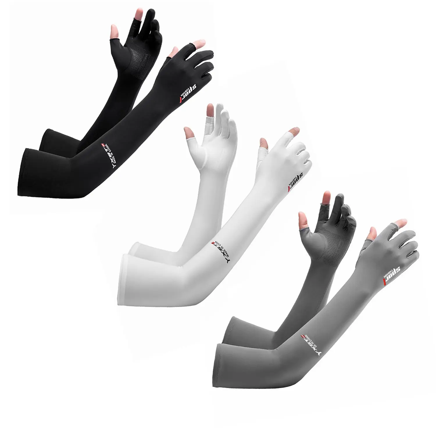 Ice Silk Cooling Sun Arm Sleeves with Fingerless Glove, UPF 50+ Sun Protection, Anti-Slip Palm, Breathable 4-Way Stretch Arm Cover for Men, Women for Driving, Cycling, Outdoor Sports (Black, White, Gray), Sporty Protective Gear