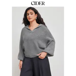 Cider [size 12/14-24] Knit Collar Solid Oversized Long Sleeve Sweater Curve & Plus Dealsforyou