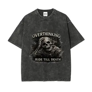 Overthinking Skull Graphic Tee Vintage Washed Heavyweight Cotton T Shirt Oversized Streetwear Shirt for Men Women Dark Humor Anxiety Meme Goth Shirt Retro Graphic Tee Casual Unisex Summer Top Ride Till Death
