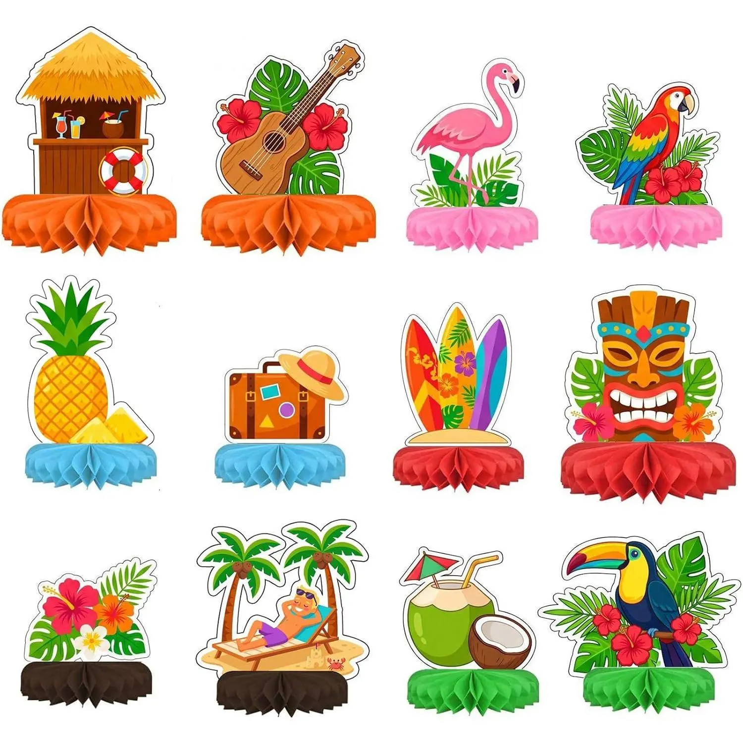 12-Set Colorful Reusable Paper Hawaiian Luau Party Decorations - Tropical Beach Birthday Tabletop Centerpiece Kit with Palm Trees, Birds, Guitar for Women, Balloon, Happy Birthday