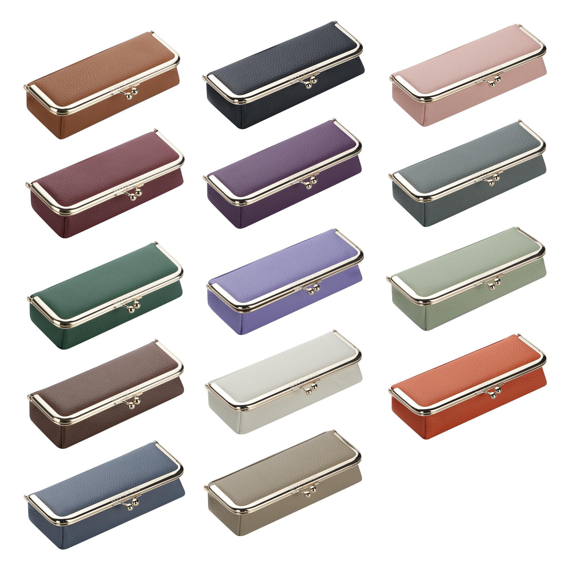 Royal Bagger Genuine Leather RFID Blocking Fashion Glasses Case, Pencil Bag with Kiss Lock, Organizer for Rings, Necklaces & Earrings for Women 4135 Lens Protective Mirrored Lens