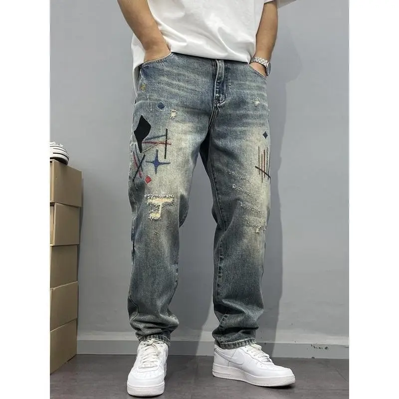 Washed, ironed, embroidered jeans suitable for high street style men's pants, casual streetwear, tight jeans, men's pants