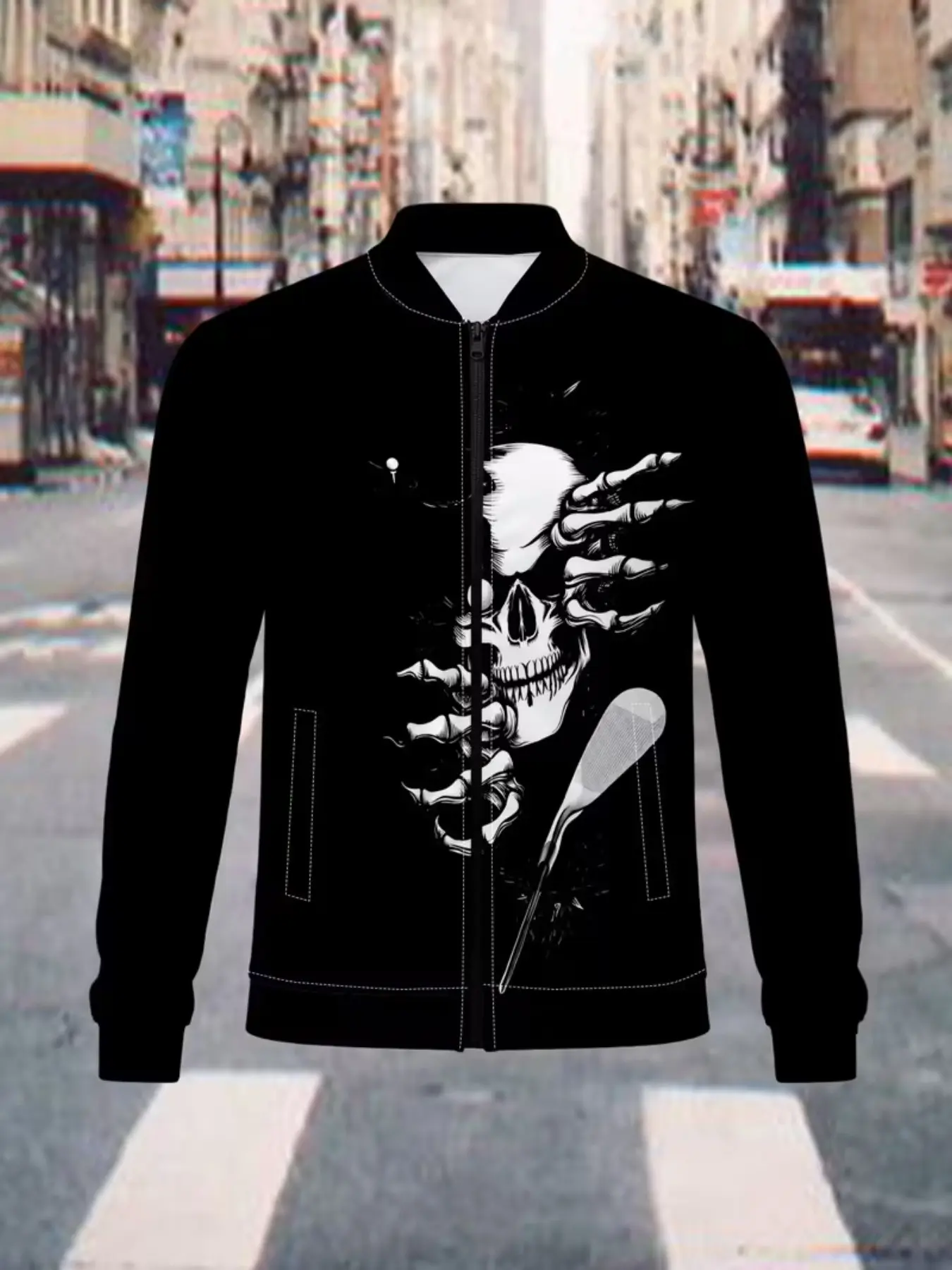Men's Digital Print Skull Pattern Zipper Jacket, Fashion Street Style Casual Outerwear, Trendy Versatile Top, All Seasons Loose-Fit Clothing