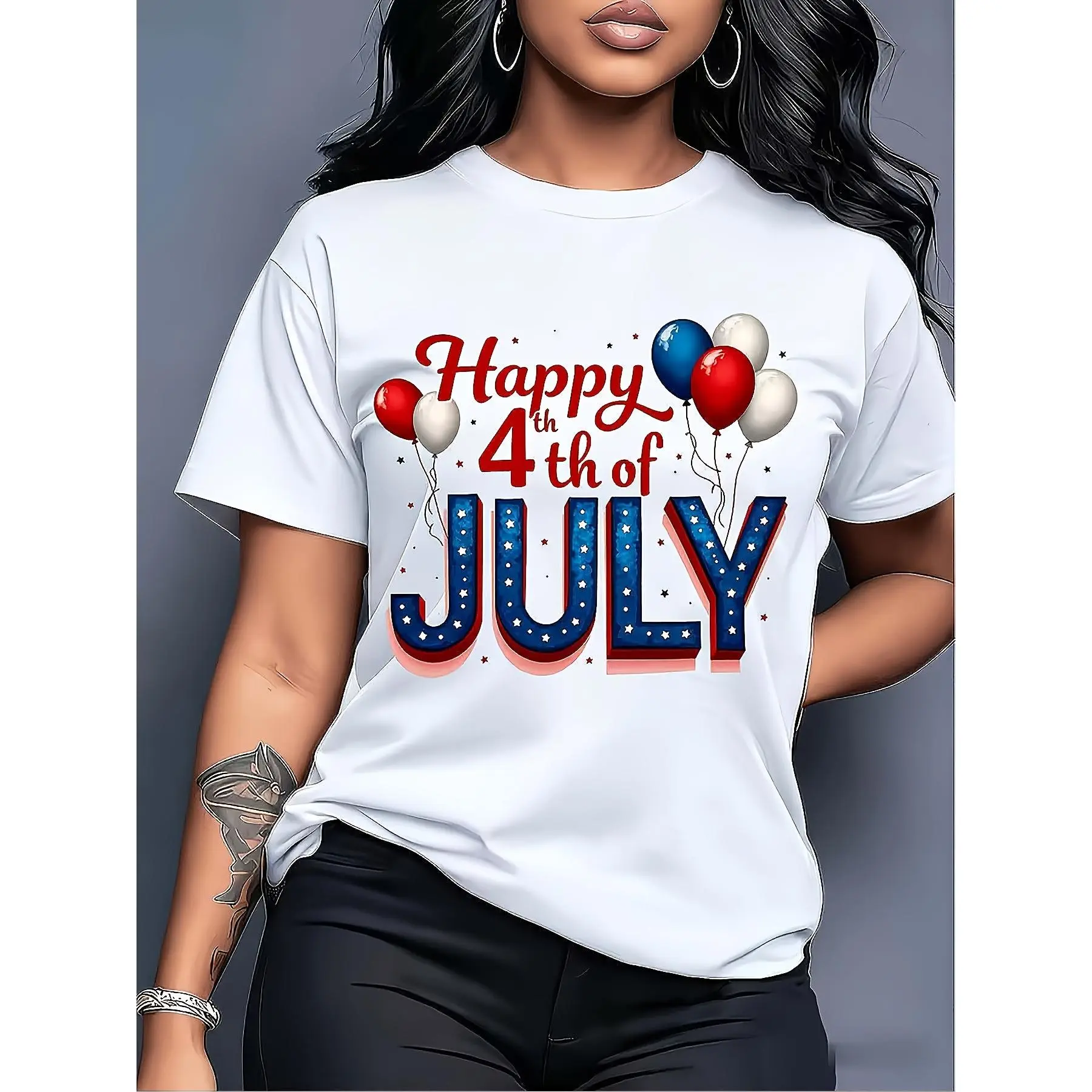Plus Size American Retro 4Th of July Balloon Print T-Shirt - Happy 4Th of July Short Sleeve Crew Neck Loose Fit Top with Balloon And Hem Suitable for Daily Wear Vacation Outfits Themed Parties