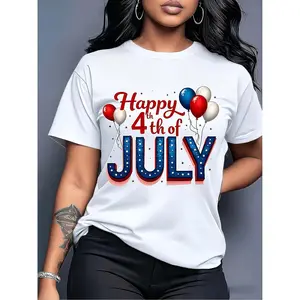 Plus Size American Retro 4Th of July Balloon Print T-Shirt - Happy 4Th of July Short Sleeve Crew Neck Loose Fit Top with Balloon And Hem Suitable for Daily Wear Vacation Outfits Themed Parties