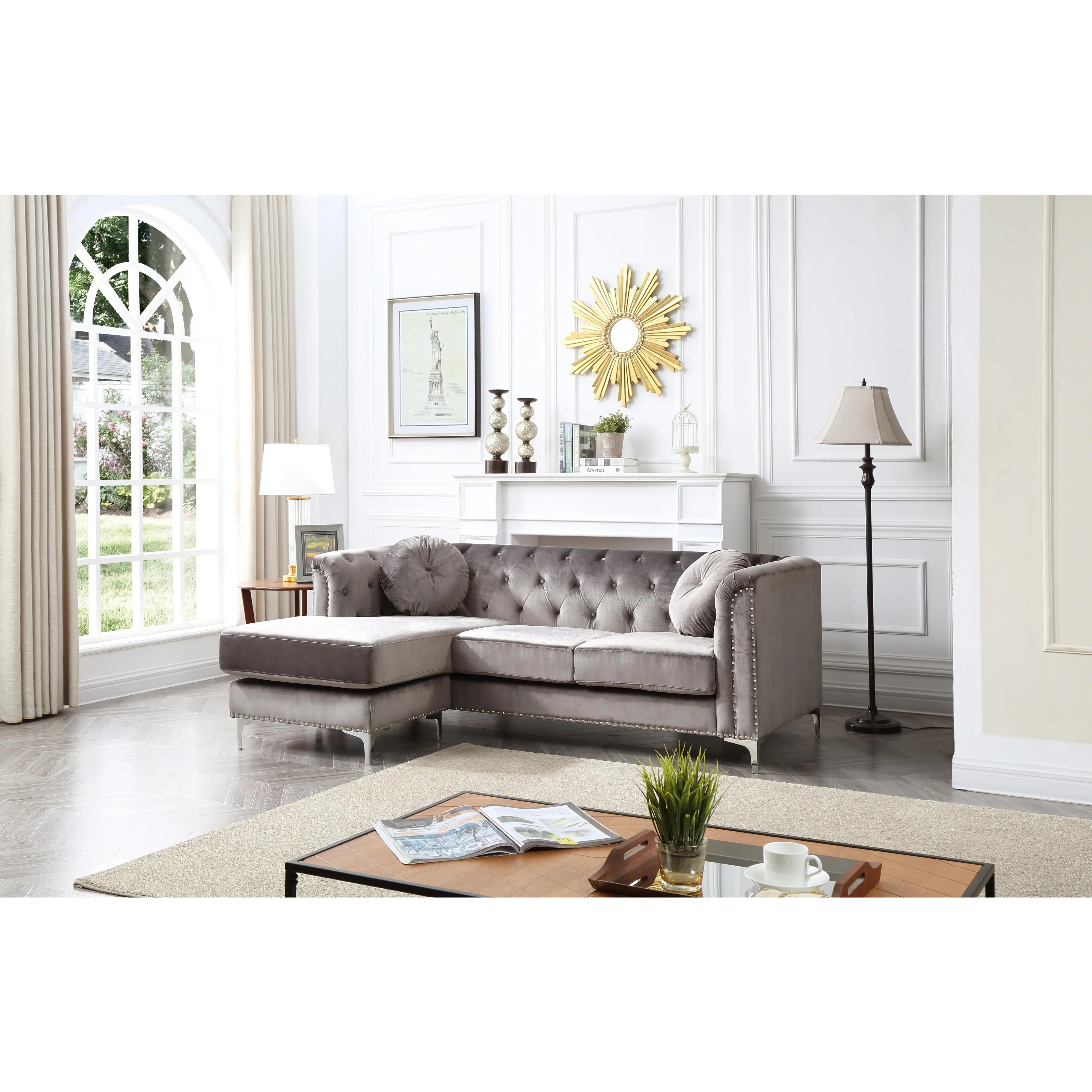 Dark Gray Velvet L-Shaped Sectional Sofa Chaise with Ottoman, 4-Seat Mid-Century Modern Living Room Couch