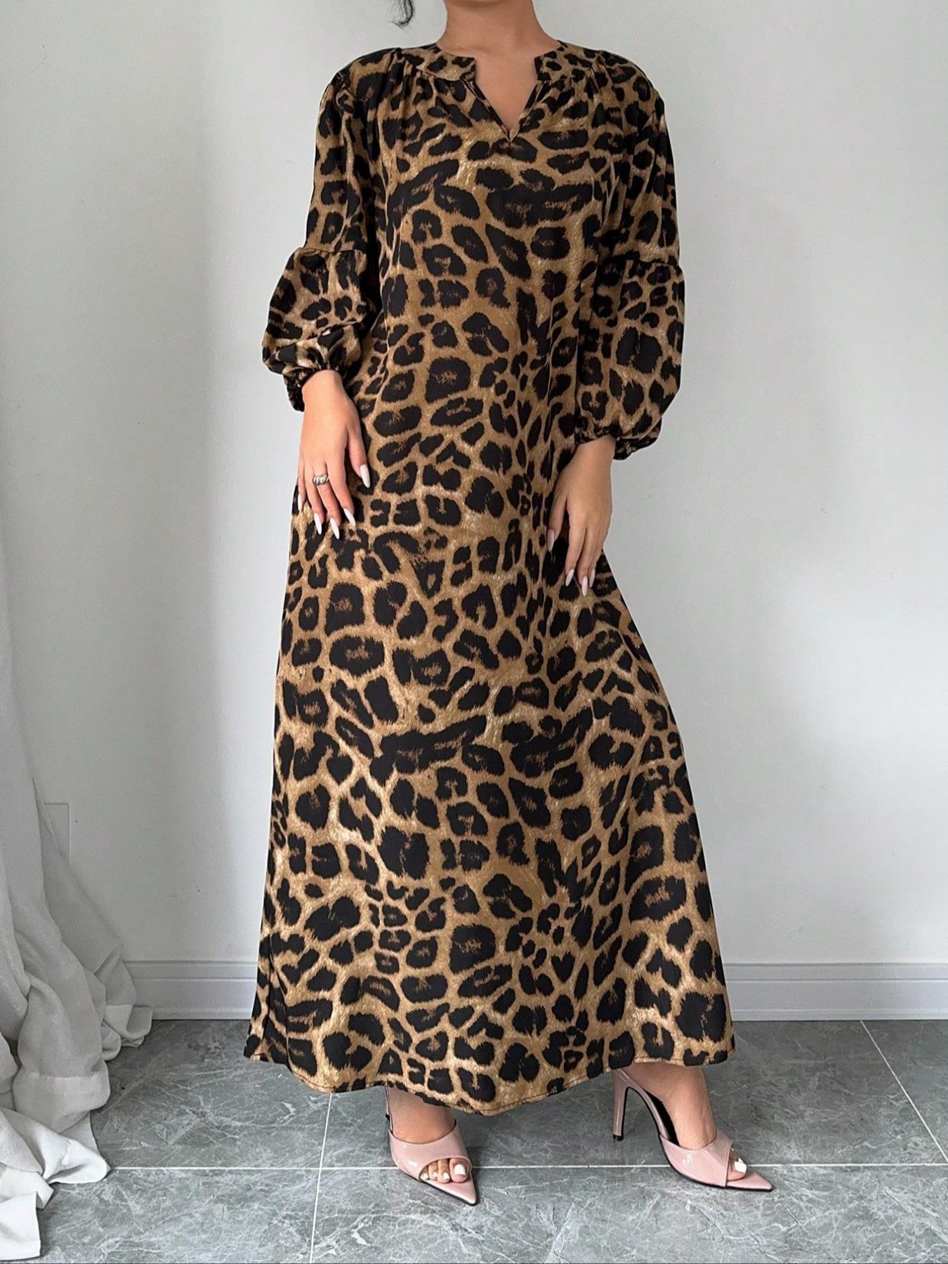 【Plus Size】 Leopard Print Notched Neck Dress, Casual Bishop Sleeve Dress for Spring & Fall, Women's Clothes for Daily Wear