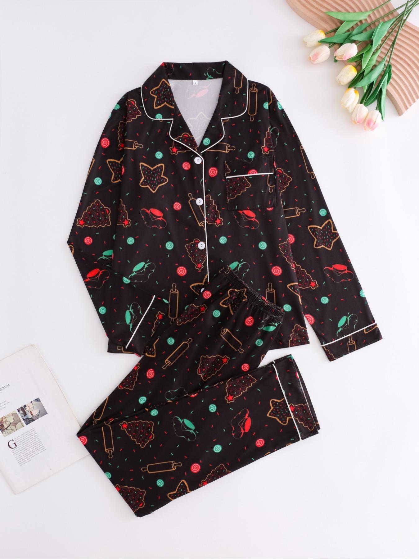 Two-piece Set Women's Christmas Print Button Front Pocket Shirt & Elastic Waist Pants Pyjama, Casual Comfy Long Sleeve Collared Top & Trousers Pyjama Set, Women's Sleepwear Loungewear for Spring & Fall, Pajama Set