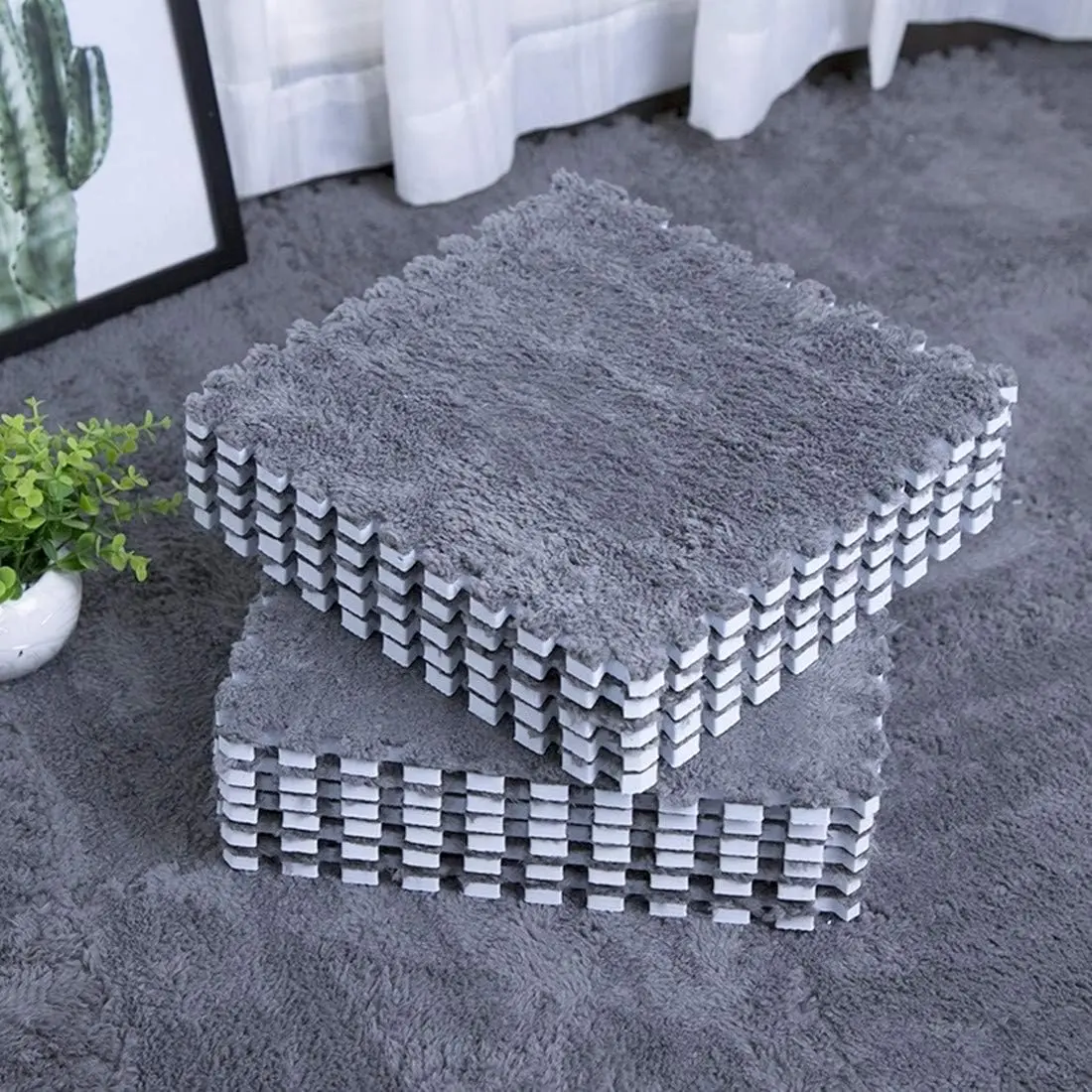 Interlocking Carpet Shaggy Soft EVA  Mats  Area Rugs Protective Floor Tiles Exercise Play Mat for   Room  Parlor Bedroom (12 pcs, Gray)