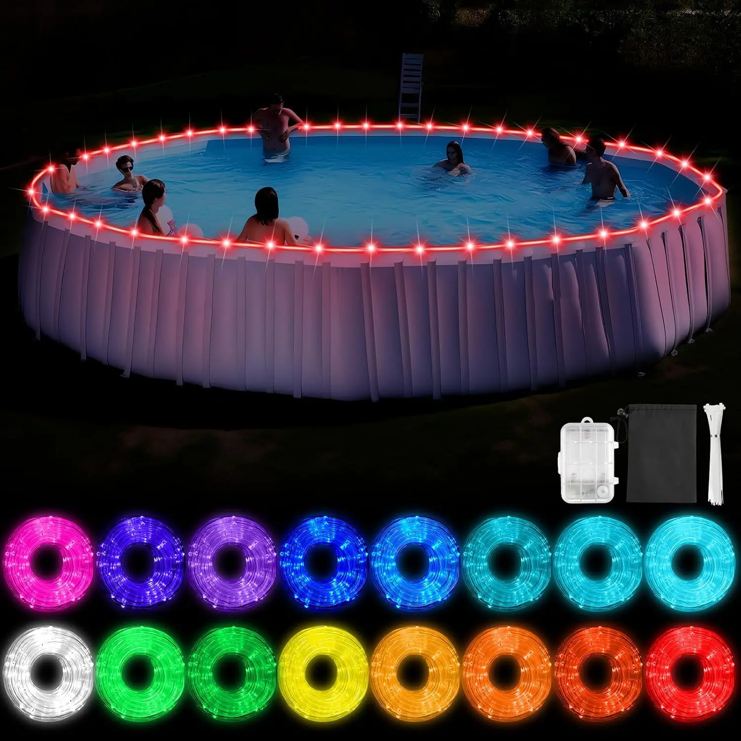 Remote Control LED Pool Lights for Above Ground Pools - Submersible Waterproof Outdoor Rope Lights with Battery Box, 55.7ft Bundle Pocket (Fits 18ft Pool)