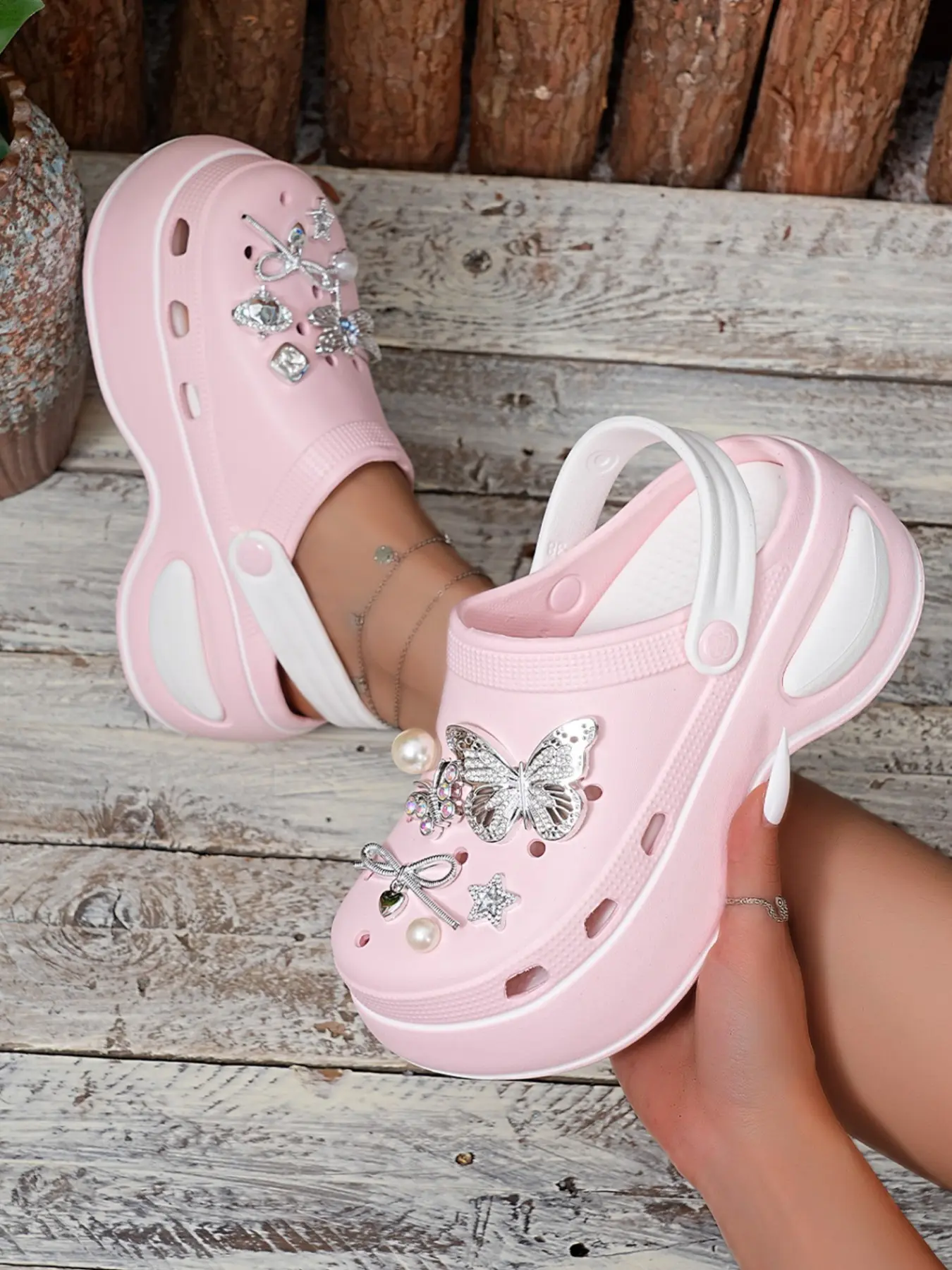 Women's Colorblock Eva Thick Sole Classy Sandals, Rhinestone Butterfly, Pearl Bow Star DIY Shoe Decor, Adjustable Back Strap, Slip-On Summer Shoes