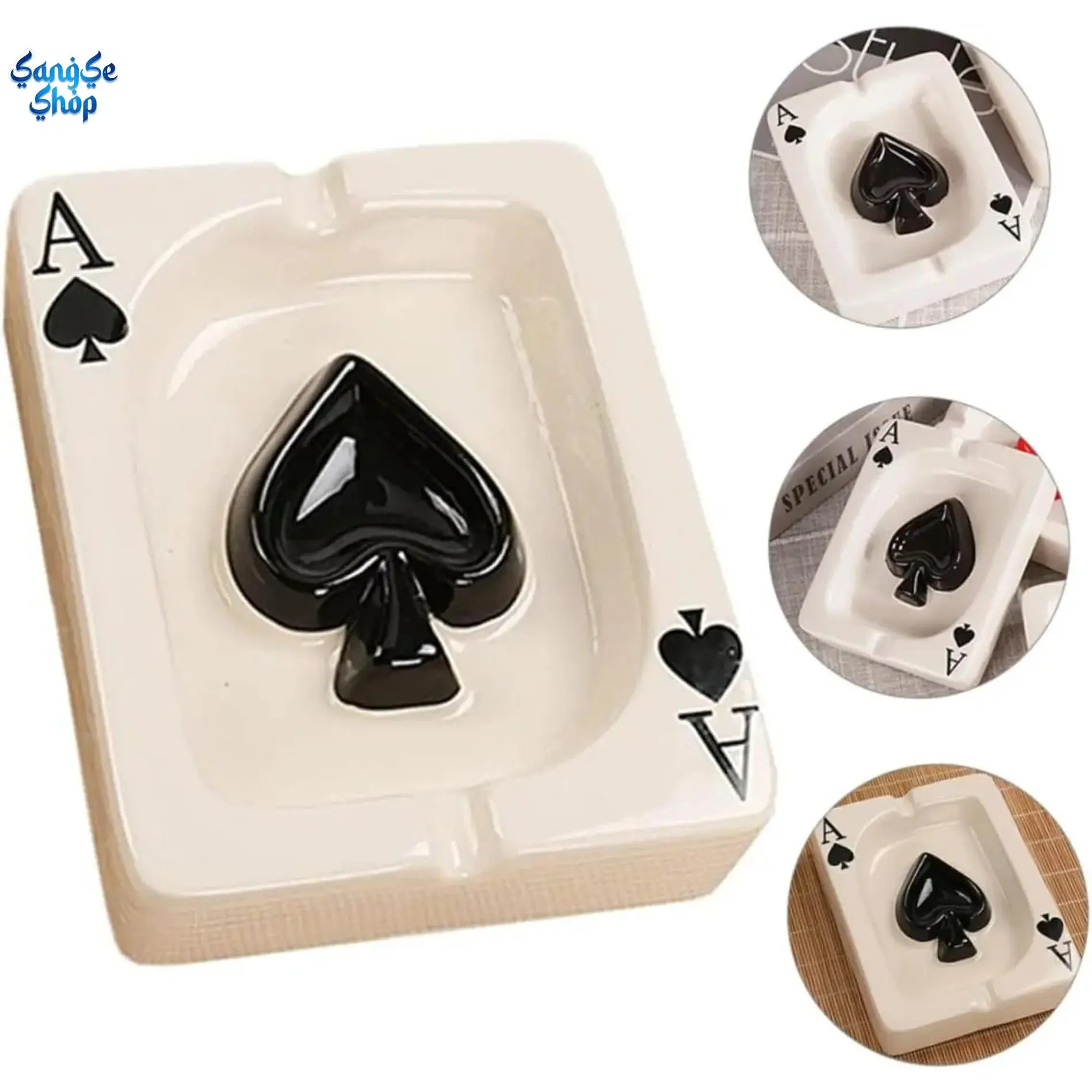 Creative Poker Ceramic Ashtray, Modern Portable Cigarette & Cigar Ashtray, Stylish Tabletop Smoking Accessory for Indoor & Outdoor Use, Home & Office Decorative Ashtray, Handmade Fashion Gift for Men & Women, Black Minimalist Design
