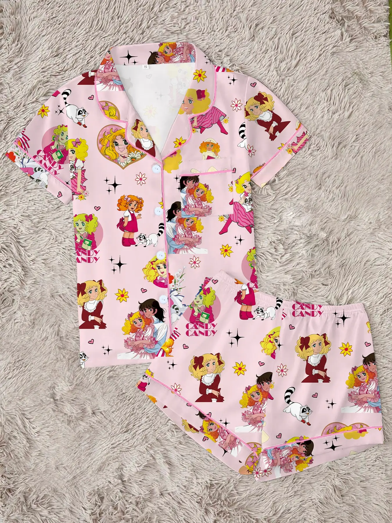 Cartoon Girl Anime Print Women's Pajama Set, Comfortable Wear-Outside Sleepwear, Homewear, Short Sleeve Button-Up Top and Elastic Shorts, Soft Home Clothes