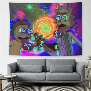 Lick and Morty triple "Sour Journey" wall flag, psychedelic cartoon printing, pop culture decoration, medieval modern black glitter comic style, Y2K aesthetics, suitable for adult fans, bedroom and dormitory tapestries