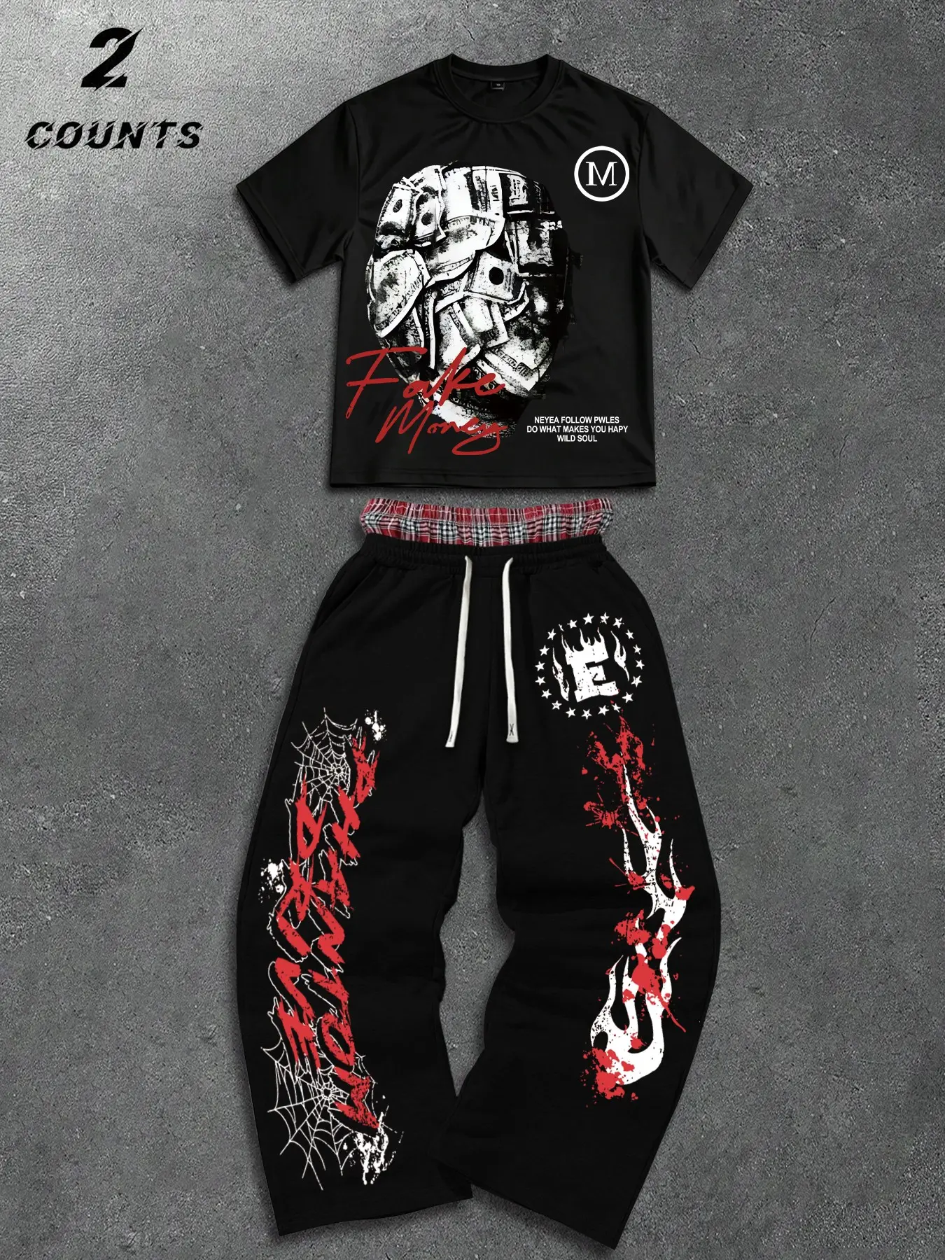 Mens Two-Piece High Street Tracksuit Set, Casual Loose Tracksuit, with Plaid Waistband Detail and Contrast Spiderweb Graphic Tee, Loose Fit Oversized T-Shirt and Sweatpants, Spiderweb Flame Letter Print, Daily Streetwear Outfits