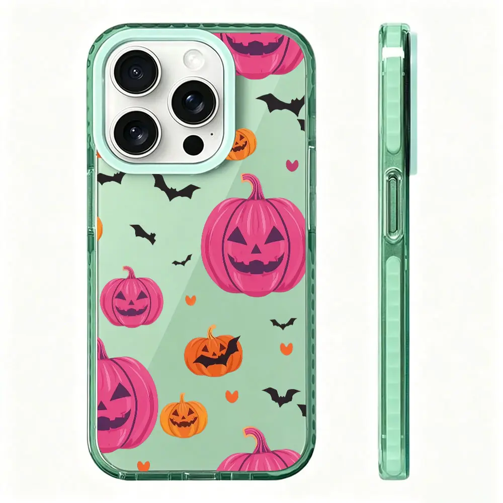 Pastel Pink Pumpkin Bat Heart Phone Case - TPU+PC+TPE, Shockproof Impact-Absorb Halloween Theme Cover for iPhone 17/16/15/14/13/12/11 Plus Pro Max, Cute Seasonal Party Present