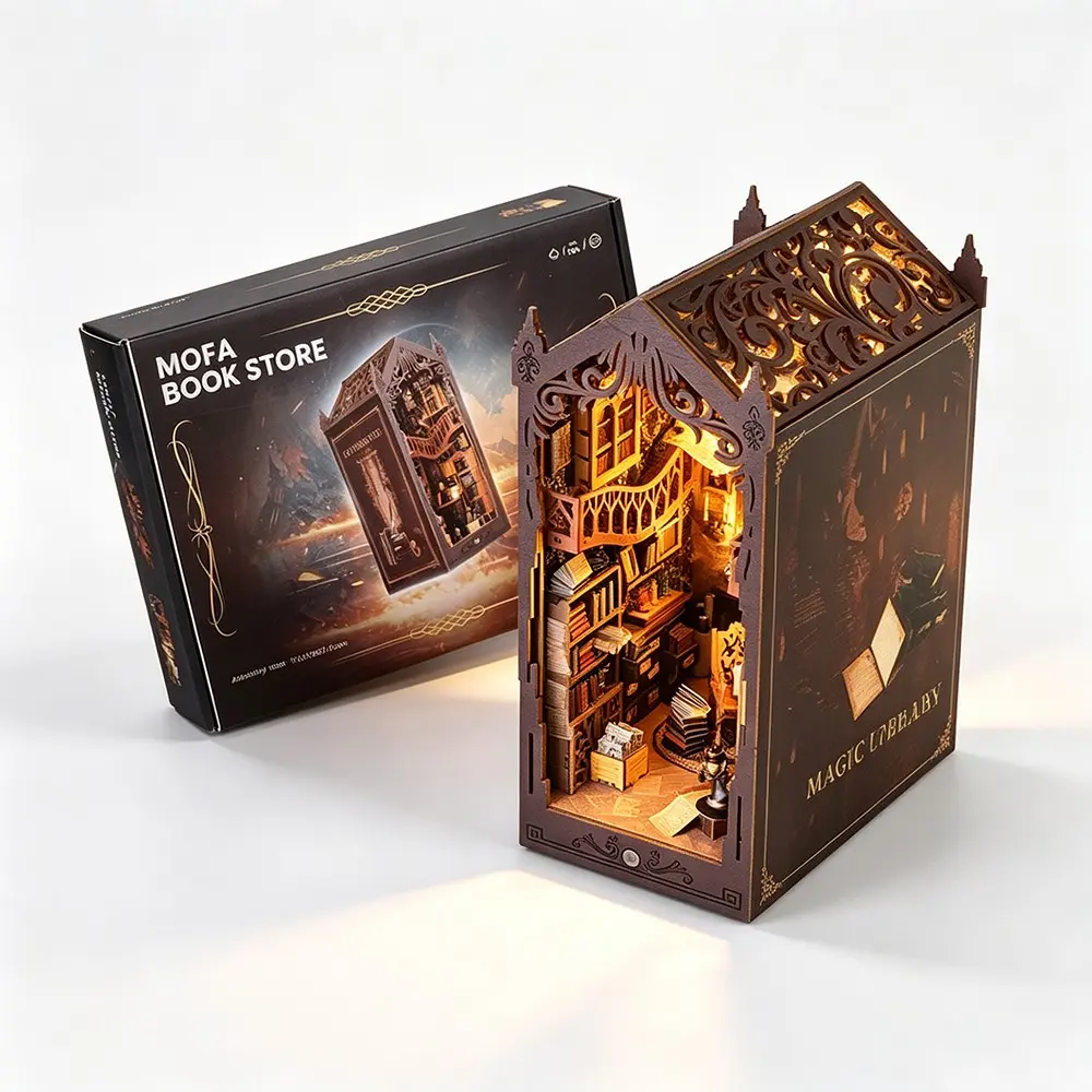 Wooden DIY House Building Scene, 3D Magic Book Stand, Rich Interior Details, Adult Assembly, Shelf Decor, Gift Box, Christmas, Halloween