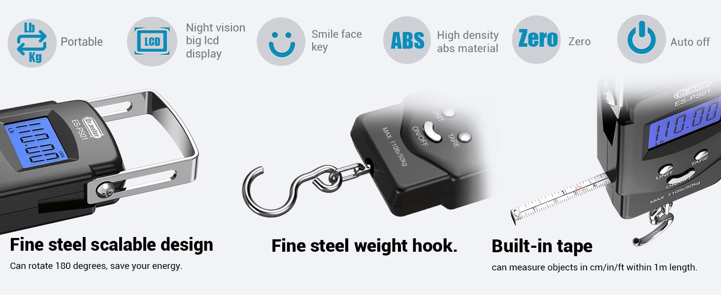 Electronic fish scale/luggage scale (fishing equipment) -110 pound backlit LCD display digital scale, built-in tape measure - comes with 2 AAA batteries, compact and portable - a fishing gift specially designed for men