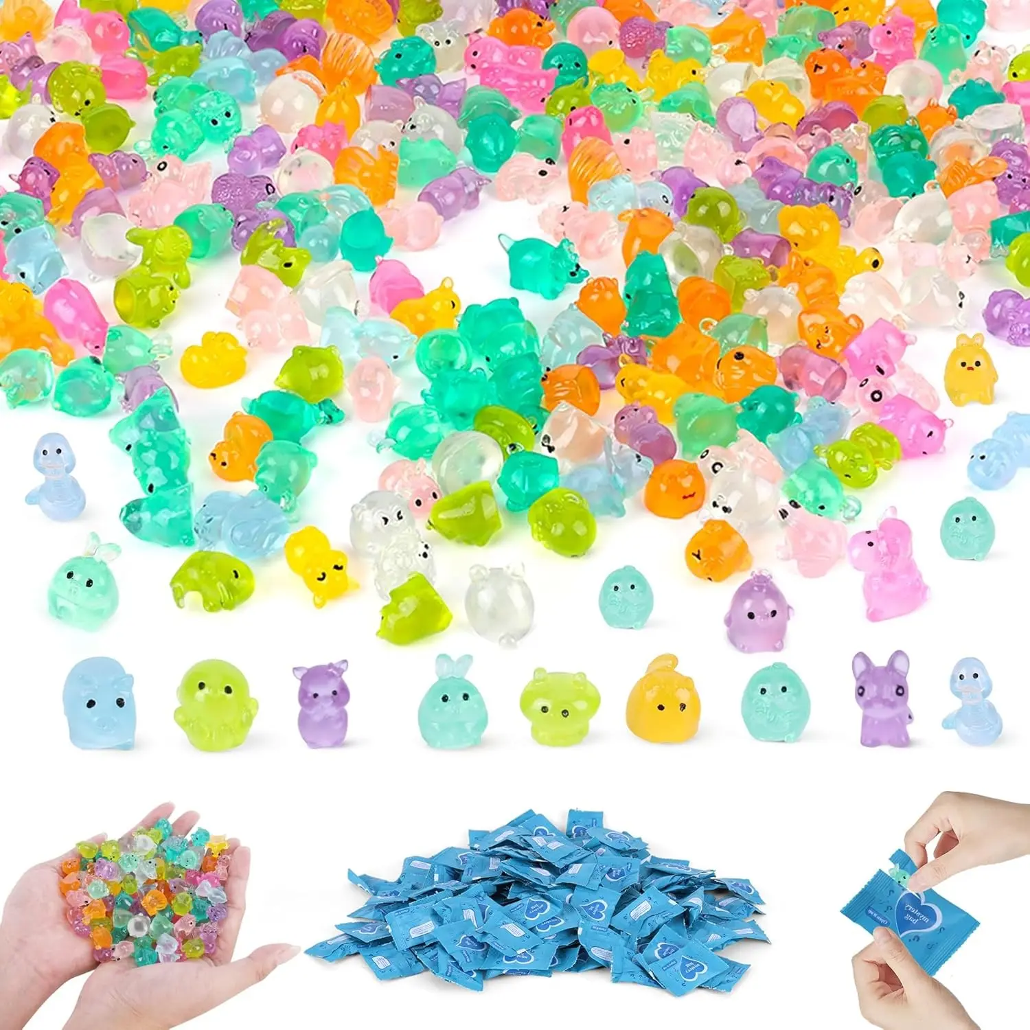 300PCS Mystery Mini Resin Animal Blind Bags, Glow in The Dark Tiny Animal Figures, 50+ Animal Combination Sets for Classroom Prizes, Party Favors, Fairy Garden & DIY Decor