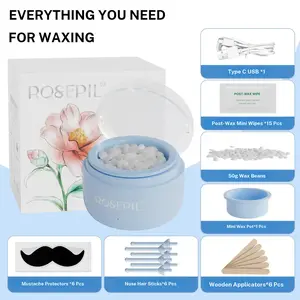 ROSEPIL Mini Nose & Face Wax Kit for Men & Women | Painless Face Hair Removal | USB Portable Warmer | BLUE Waxing Kit Set Heating Waxing Kit Wax Beads Cosmetic