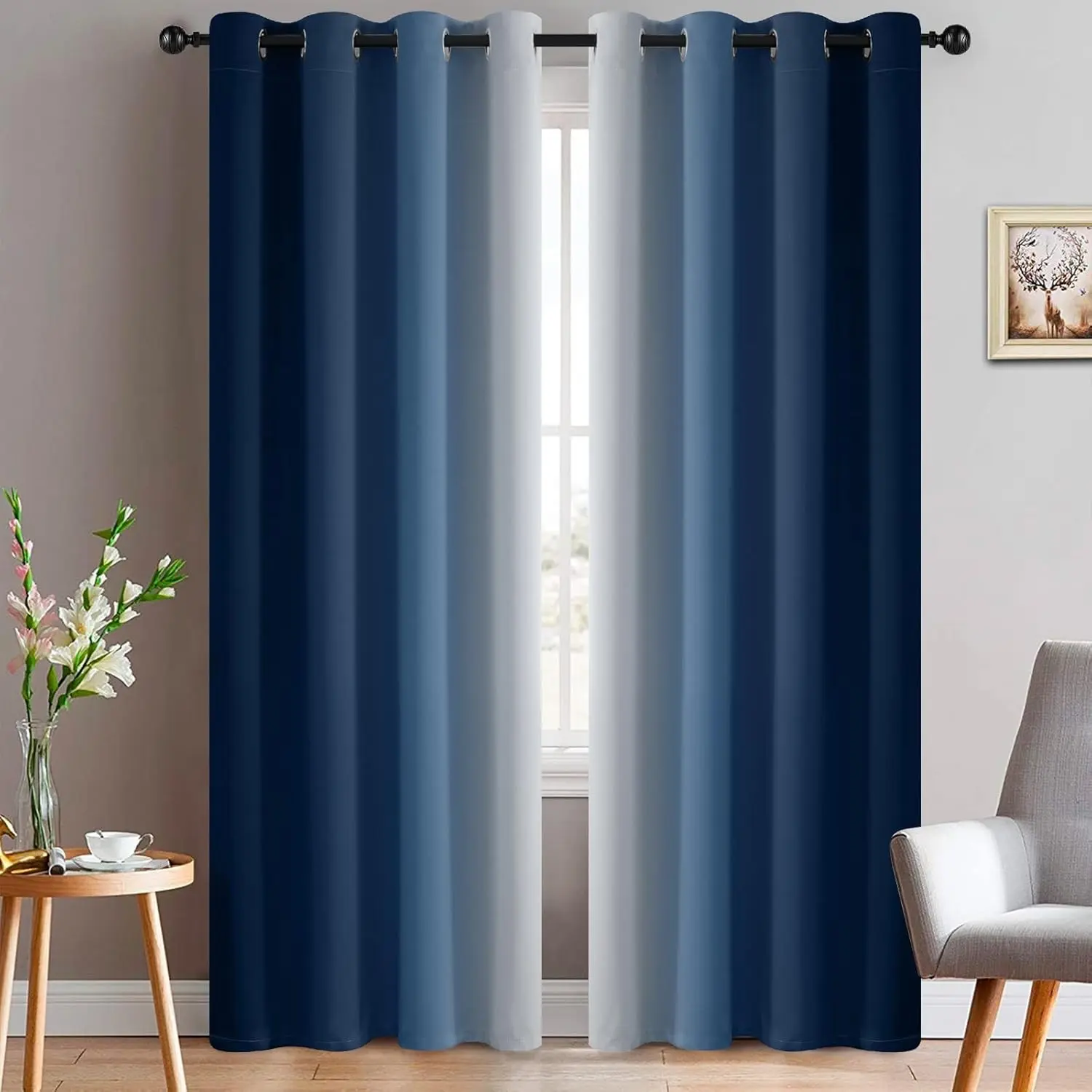 Ombre Curtains Blue and Greyish White for Living Room, 52Wx84L, Room Darkening Thermal Insulated Gradient Color Drapes, Light Blocking Grommet Window Curtains for Bedroom, 2 PanelsGift