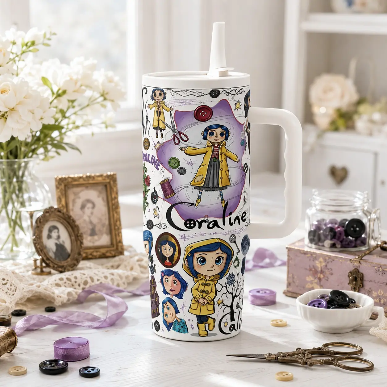 Coraline 40oz Tumbler, Button Eye Cartoon Cup, Insulated Travel Mug with Handle Lid Straw, Gothic Fantasy Gift