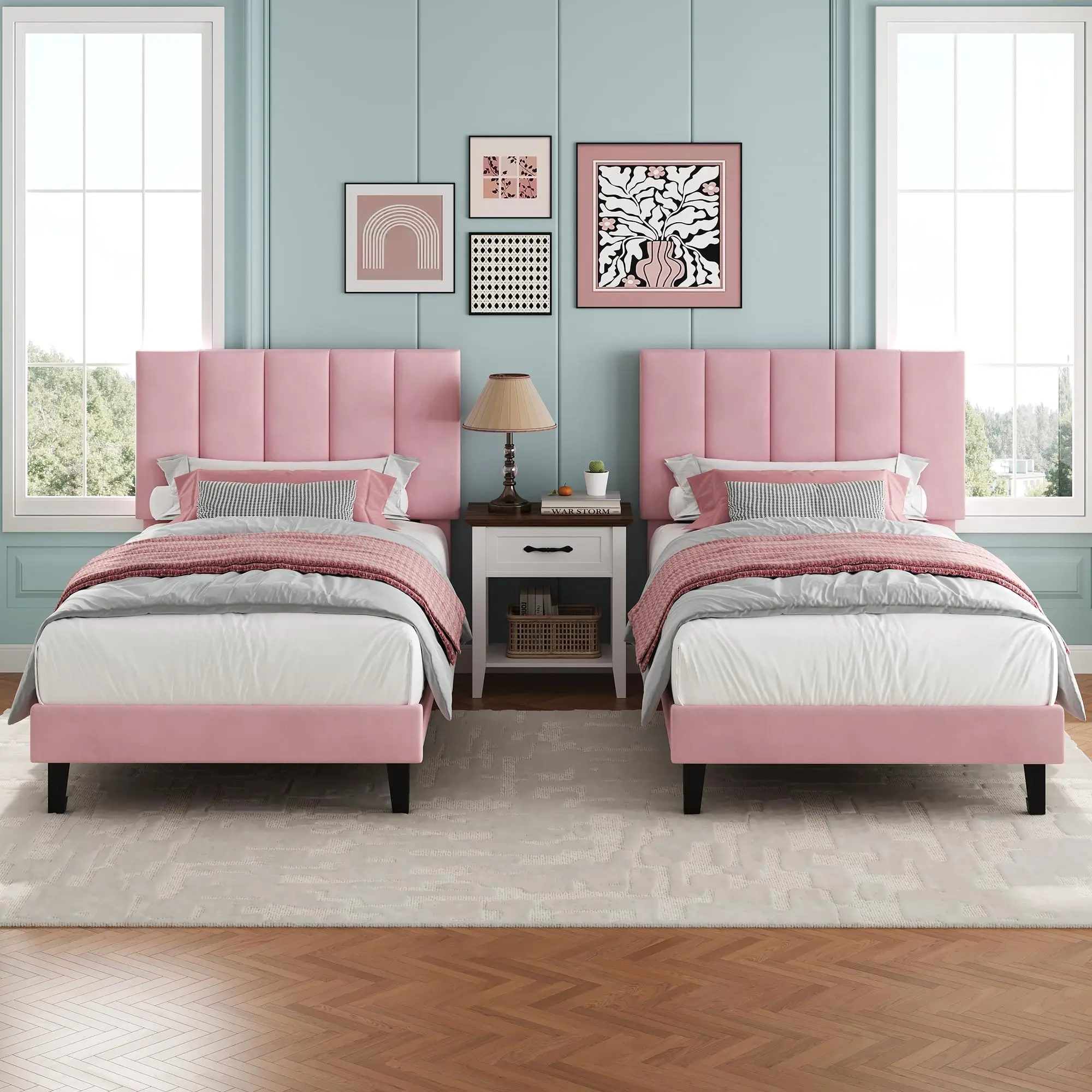 2Pack Twin Size Bed Frame, Velvet Upholstered Platform Bed with Adjustable Tufted Headboard, No Box Spring Needed, Easy Assembly – Pink