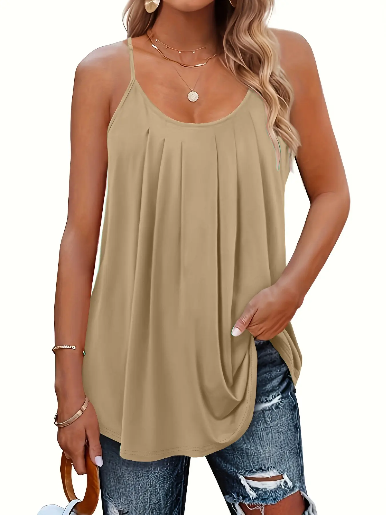 Spring Summer New Lightweight Cami Top, Pleated Design, Casual Daily Wear, Elegant Chic Fitted Plain Color, Women
