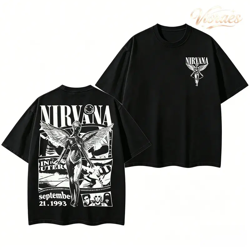 Retro Limited Nirvana Band Tour omenswear StBlack 2-Sided Vintage Tee Graphic Unisex Oversize Rock Band  T-shirt Gift For Rock Music Lovers Vintage Band Shirts Fit Top Wreetwear